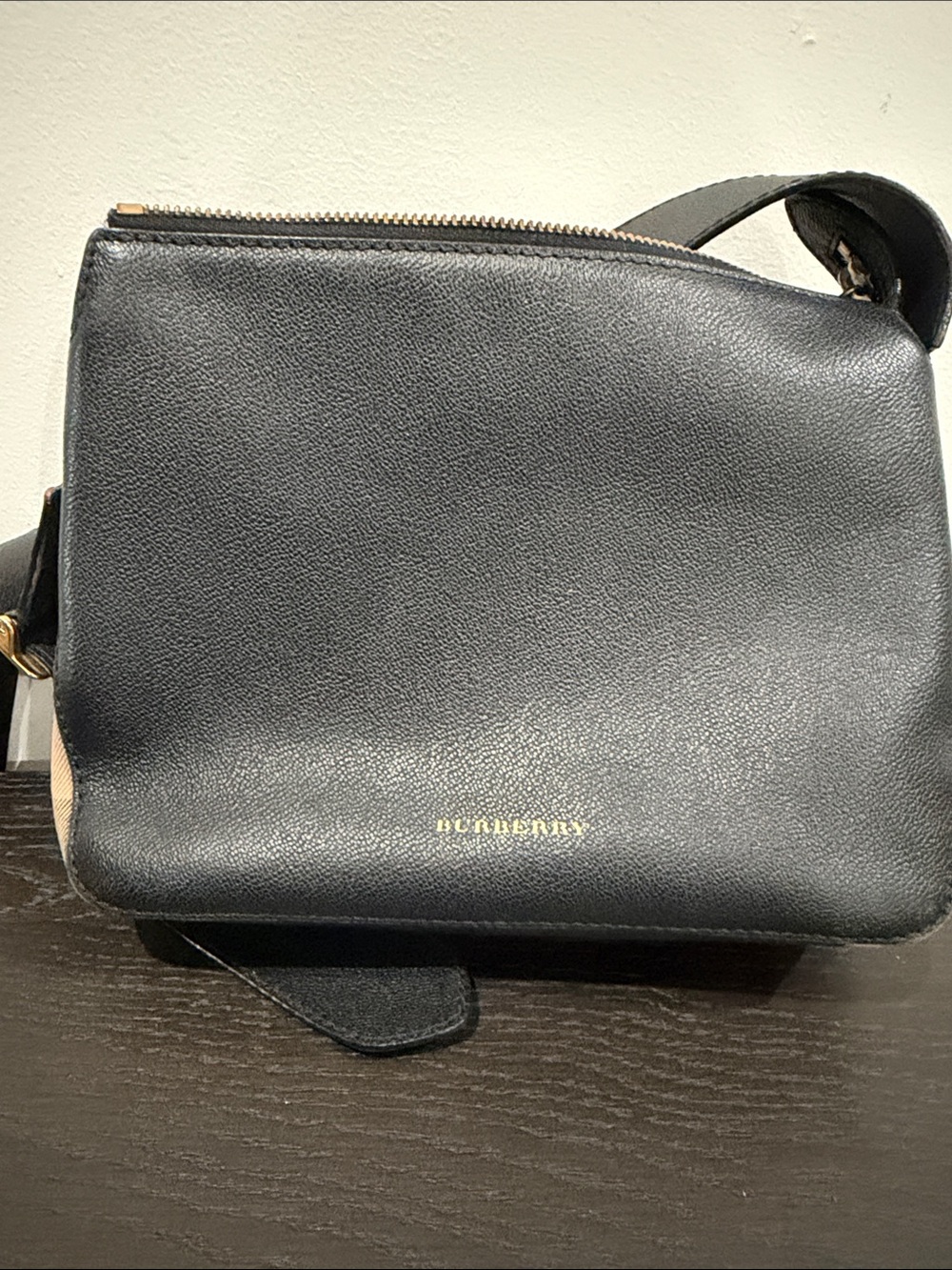 Burberry Black Leather Messenger Bag with Gold Logo